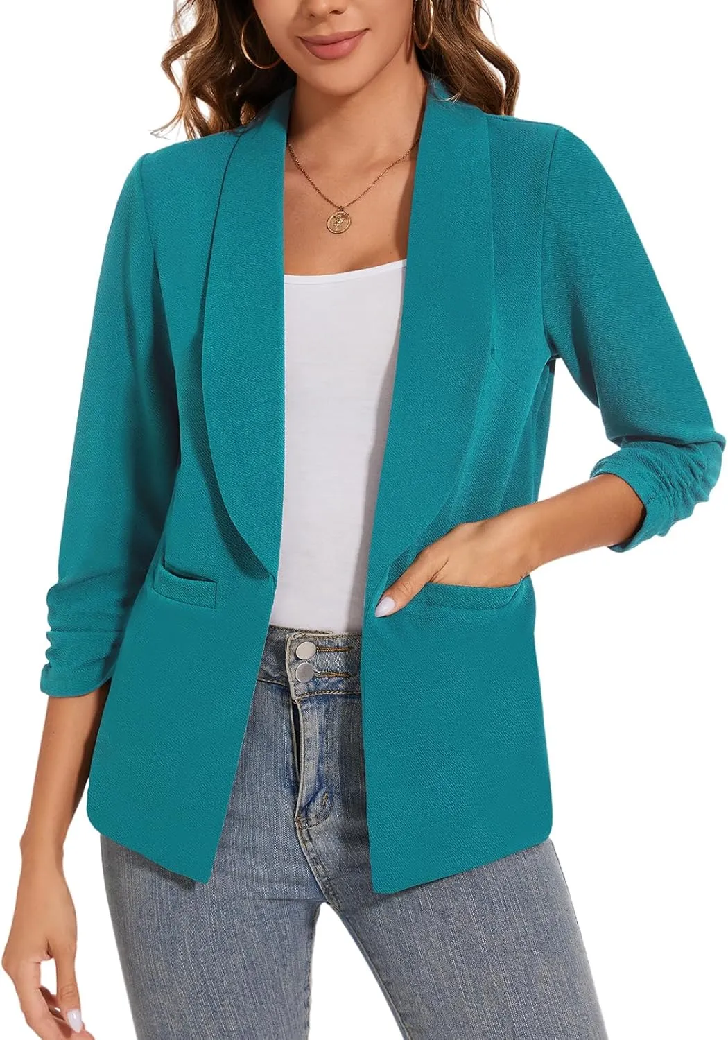 Women Casual Shawl Lapel Work Blazer Ruched 3/4 Sleeve Open Front Business Office Suit Jackets with Pockets