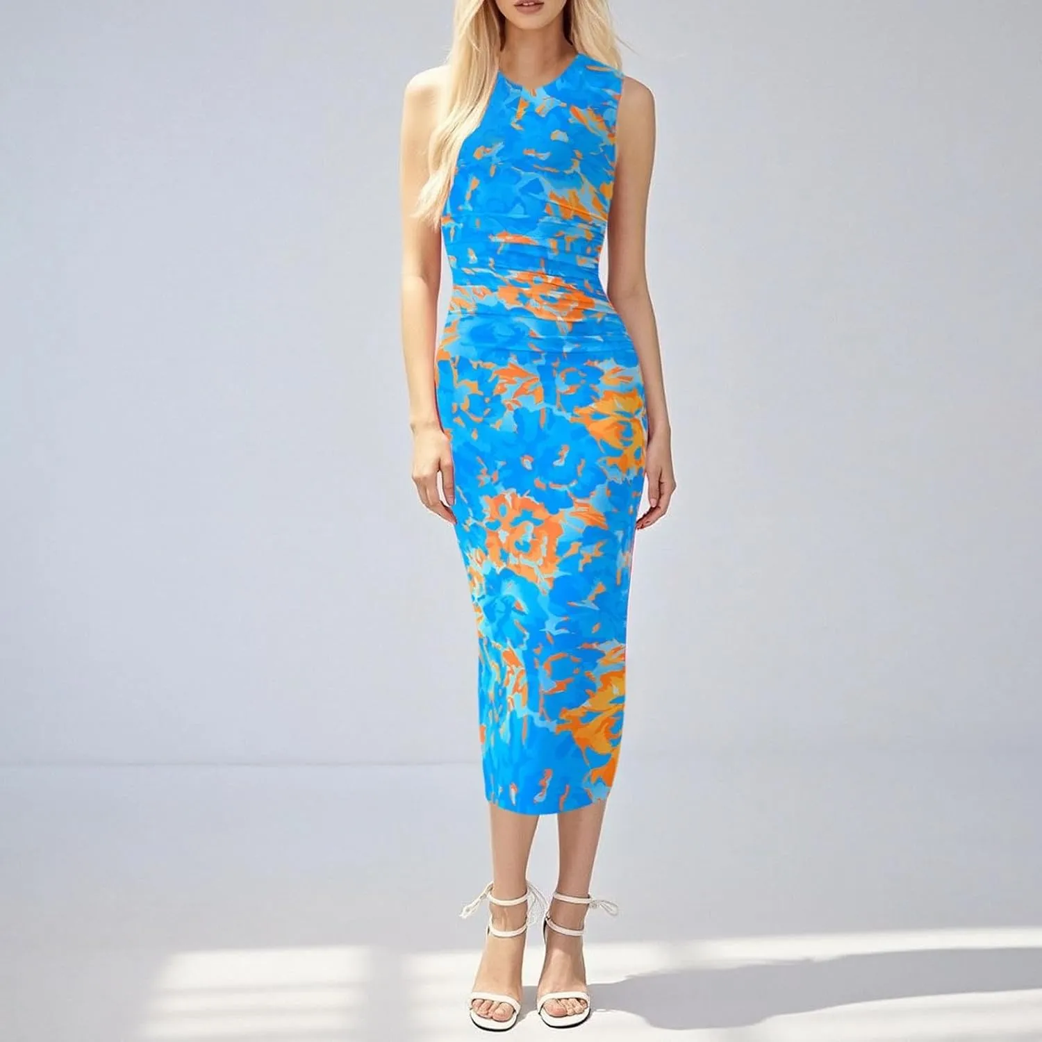 Women Casual Summer Dresses 2025 Floral Printed Bodycon Dress Sleeveless Crewneck Elegant Midi Dress