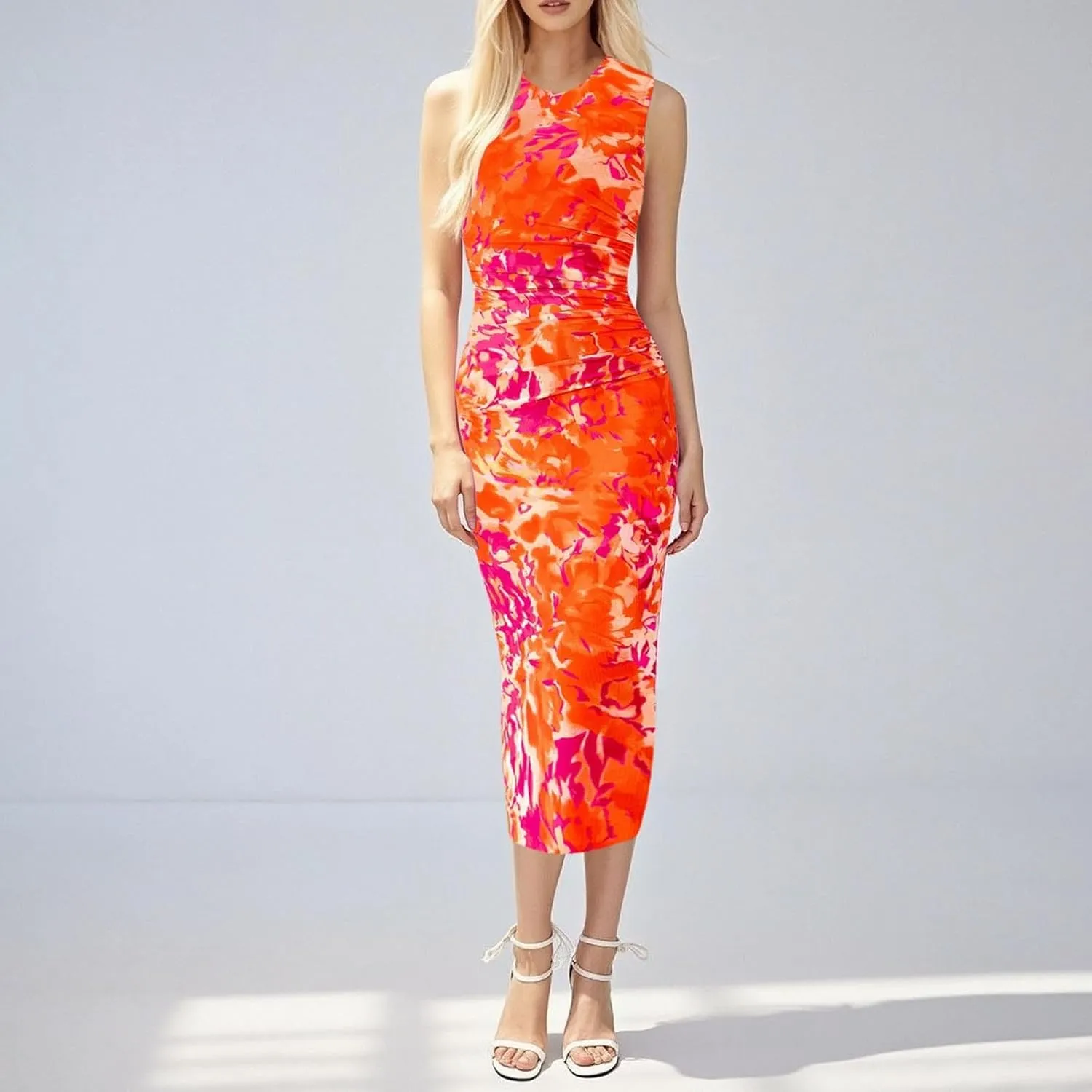 Women Casual Summer Dresses 2025 Floral Printed Bodycon Dress Sleeveless Crewneck Elegant Midi Dress