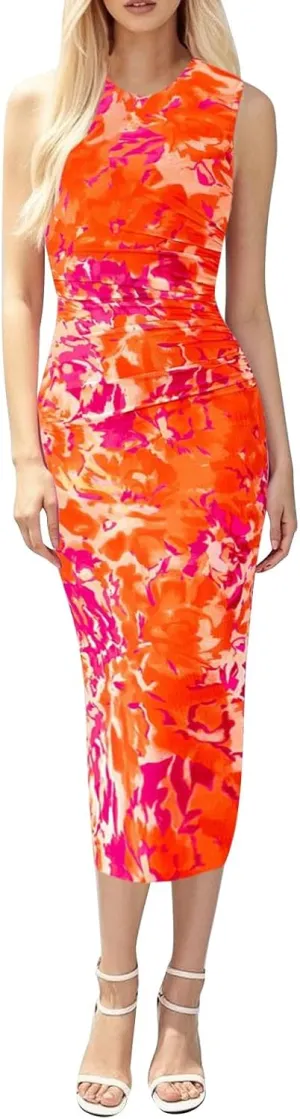 Women Casual Summer Dresses 2025 Floral Printed Bodycon Dress Sleeveless Crewneck Elegant Midi Dress