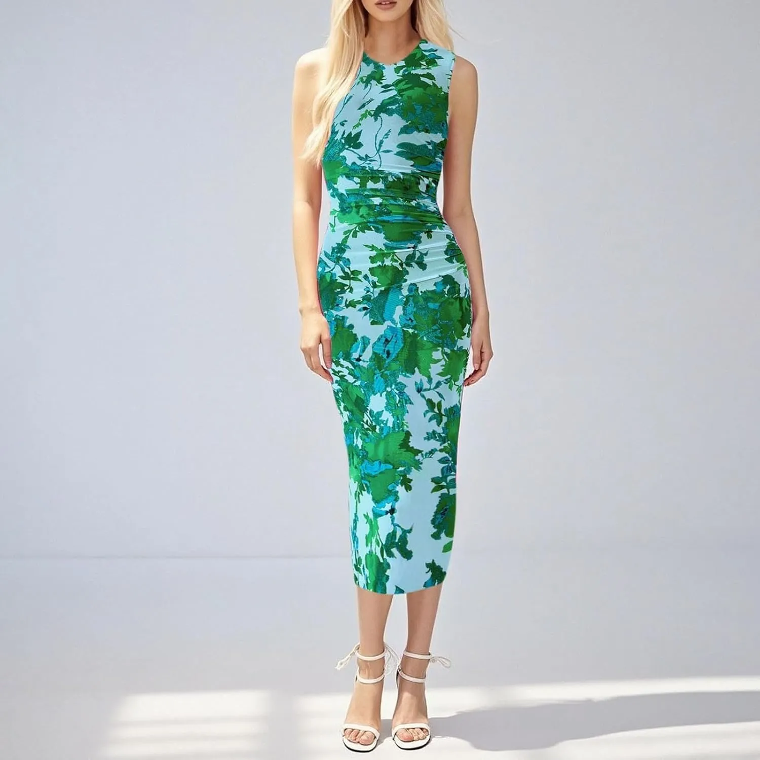 Women Casual Summer Dresses 2025 Floral Printed Bodycon Dress Sleeveless Crewneck Elegant Midi Dress