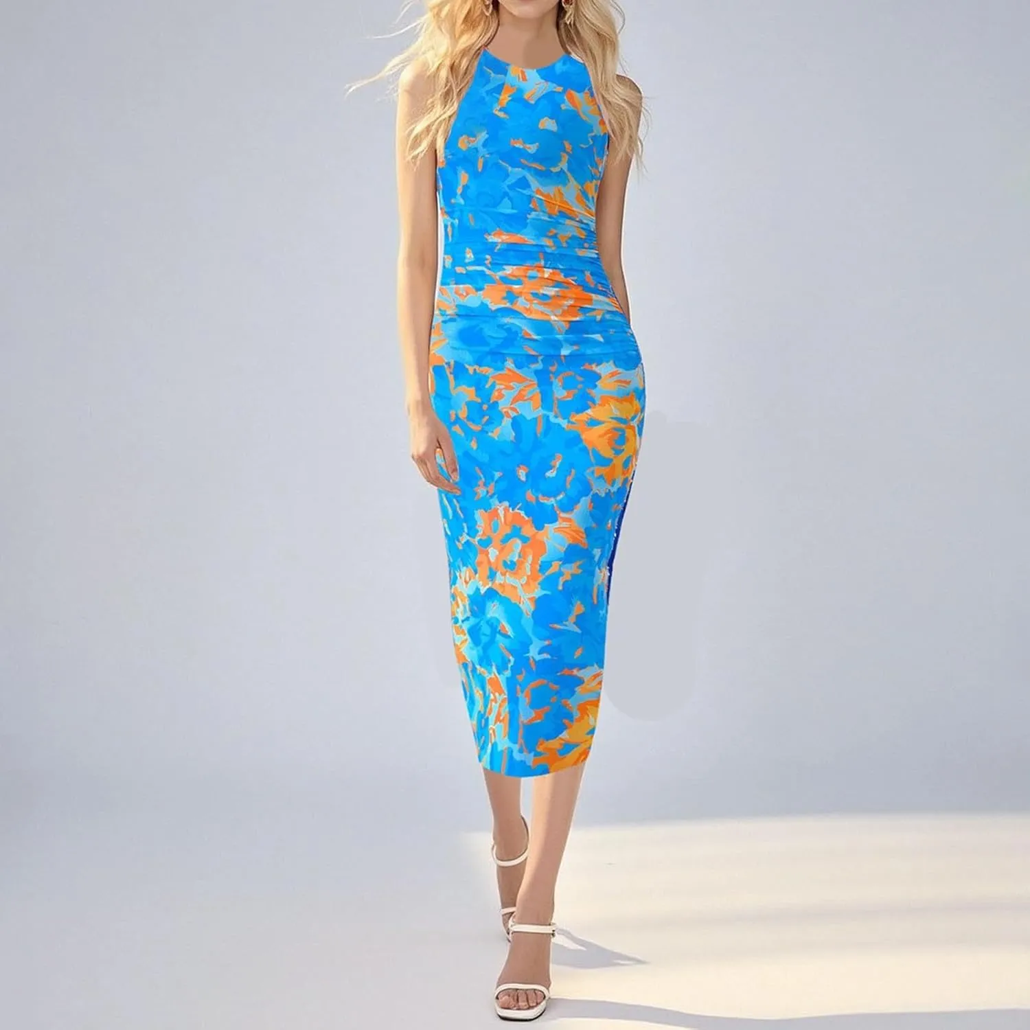Women Casual Summer Dresses 2025 Floral Printed Bodycon Dress Sleeveless Crewneck Elegant Midi Dress