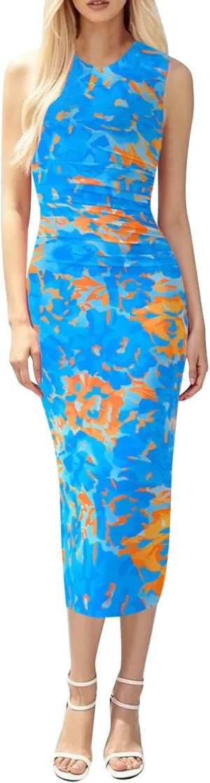 Women Casual Summer Dresses 2025 Floral Printed Bodycon Dress Sleeveless Crewneck Elegant Midi Dress