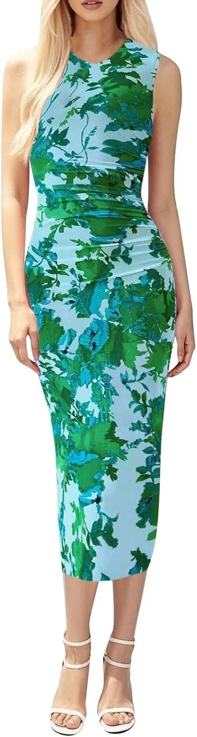 Women Casual Summer Dresses 2025 Floral Printed Bodycon Dress Sleeveless Crewneck Elegant Midi Dress