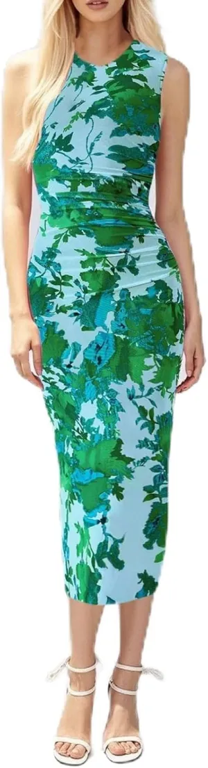 Women Casual Summer Dresses 2025 Floral Printed Bodycon Dress Sleeveless Crewneck Elegant Midi Dress