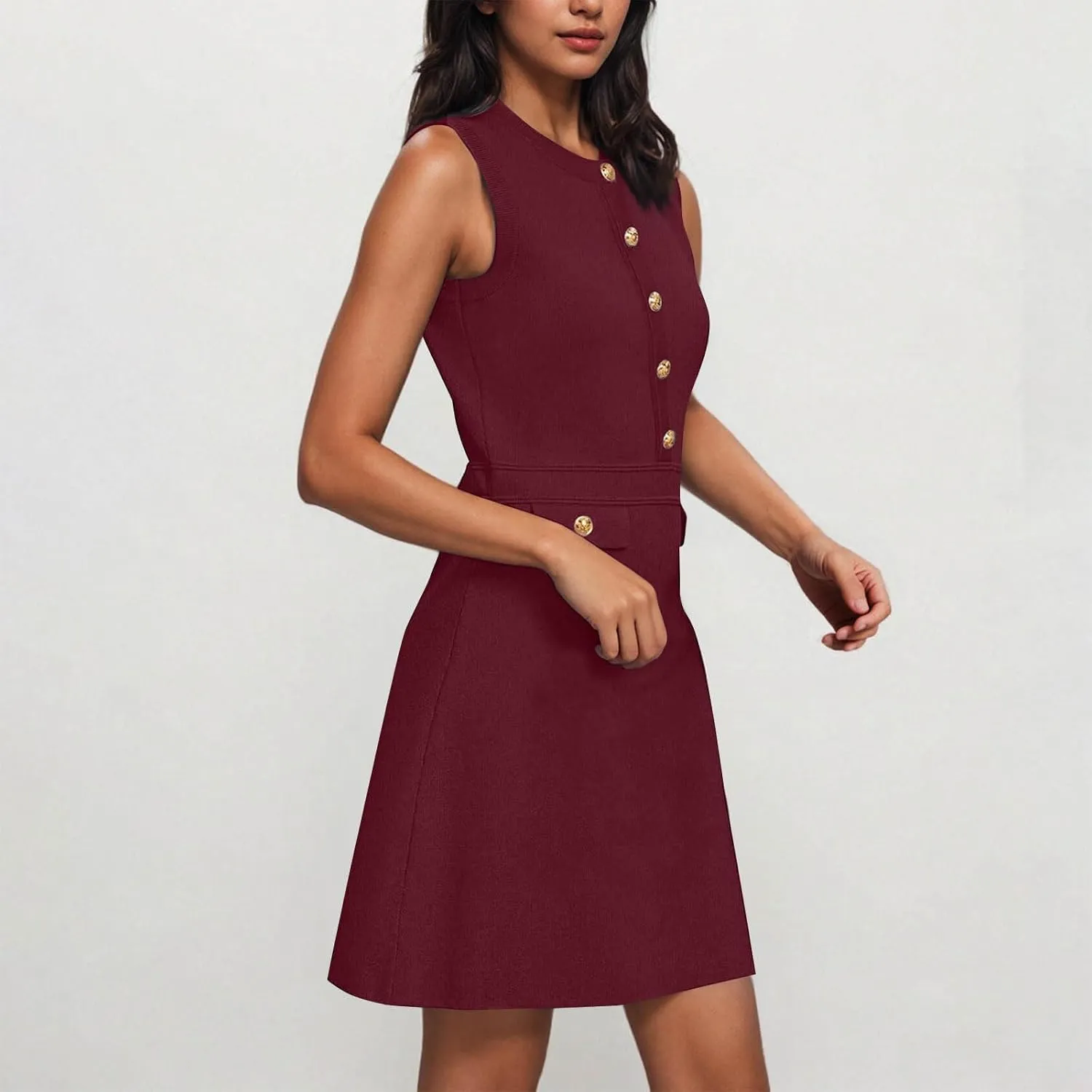 Women Casual Summer Dresses Sleeveless Elegant Midi Dress Decorative Button Ribbed Knitted Sundress Party Cocktail
