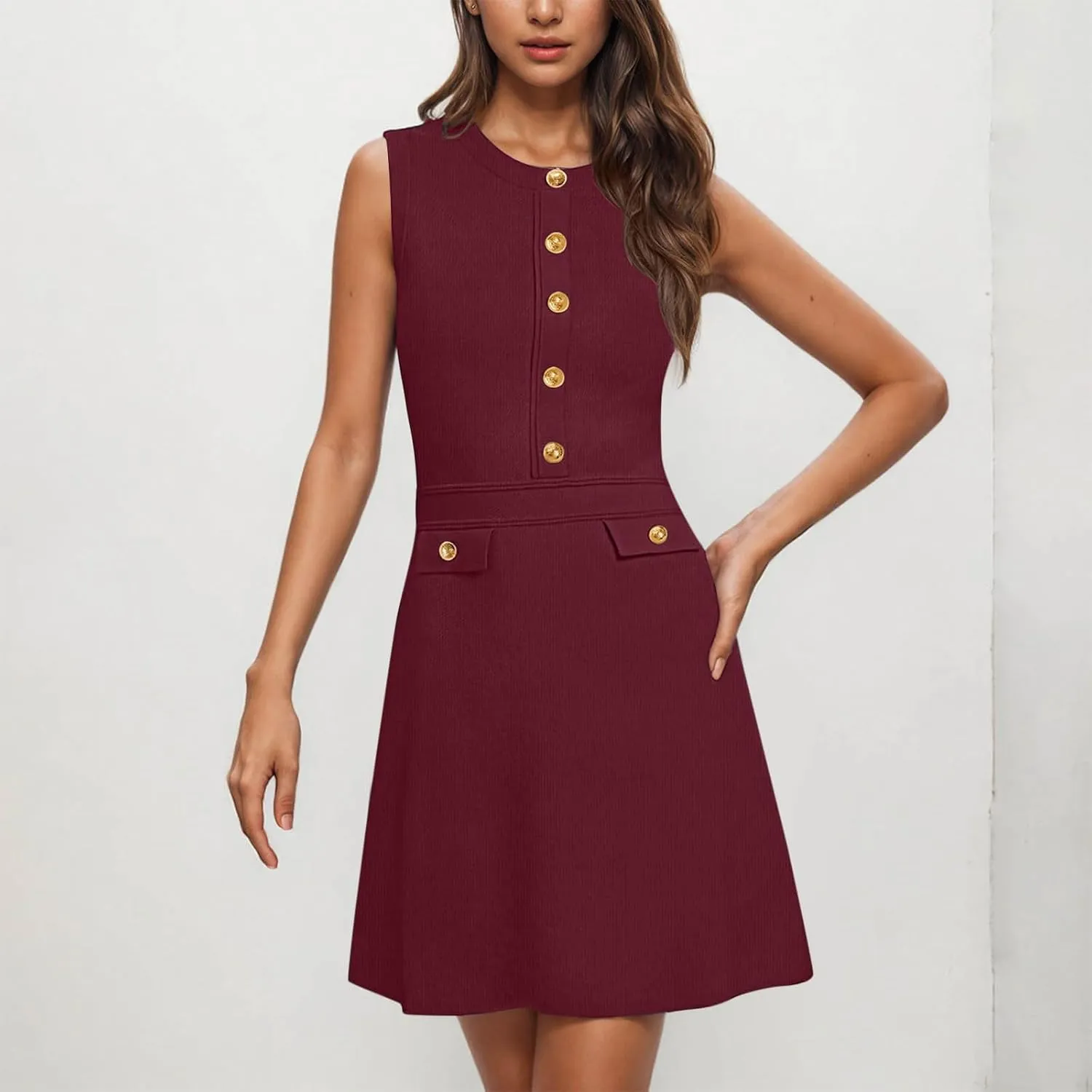 Women Casual Summer Dresses Sleeveless Elegant Midi Dress Decorative Button Ribbed Knitted Sundress Party Cocktail