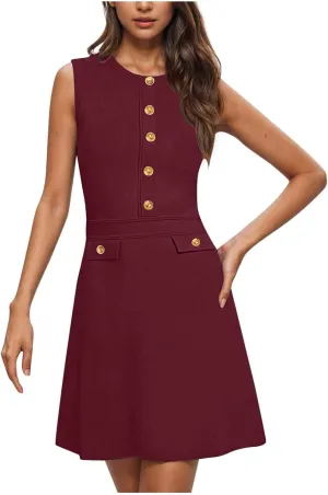 Women Casual Summer Dresses Sleeveless Elegant Midi Dress Decorative Button Ribbed Knitted Sundress Party Cocktail