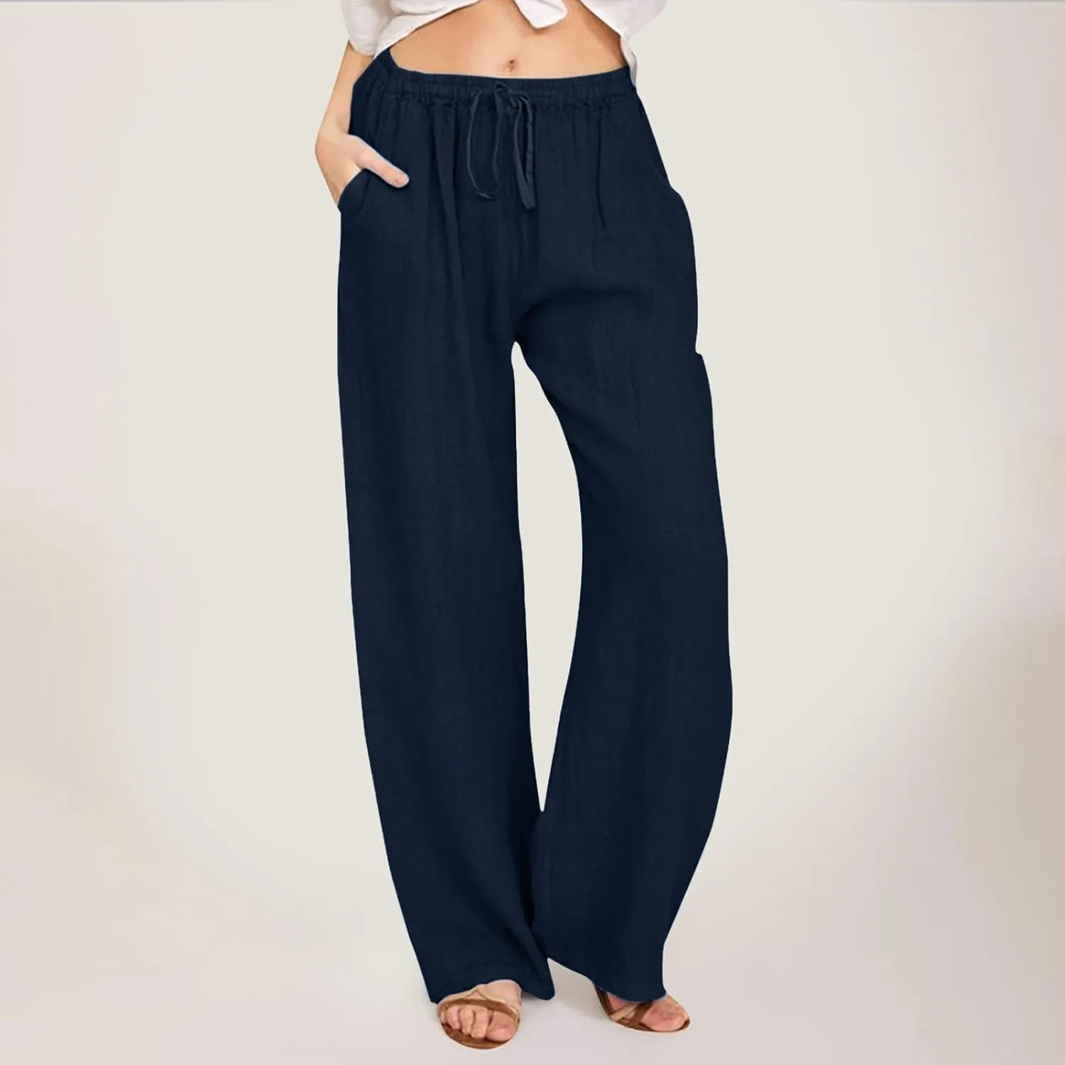 Women Cotton Linen Summer Palazzo Pant Trousers High Waist Straight Loose Fit Palazzo Pants Beach