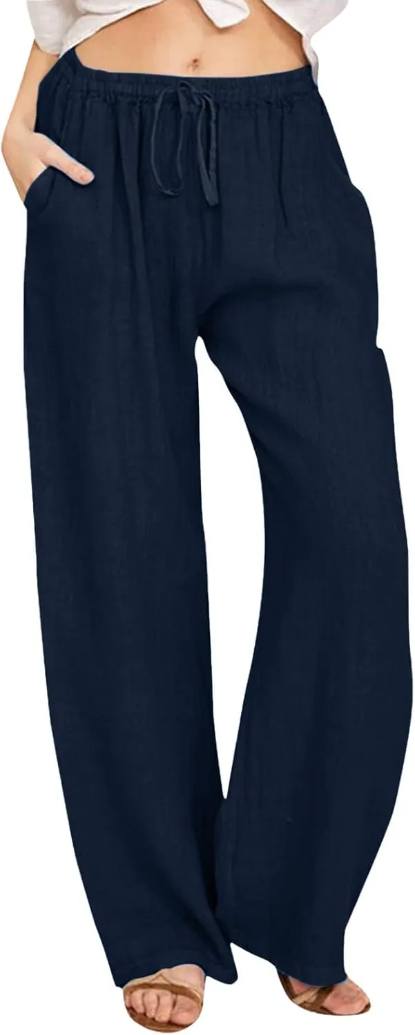 Women Cotton Linen Summer Palazzo Pant Trousers High Waist Straight Loose Fit Palazzo Pants Beach