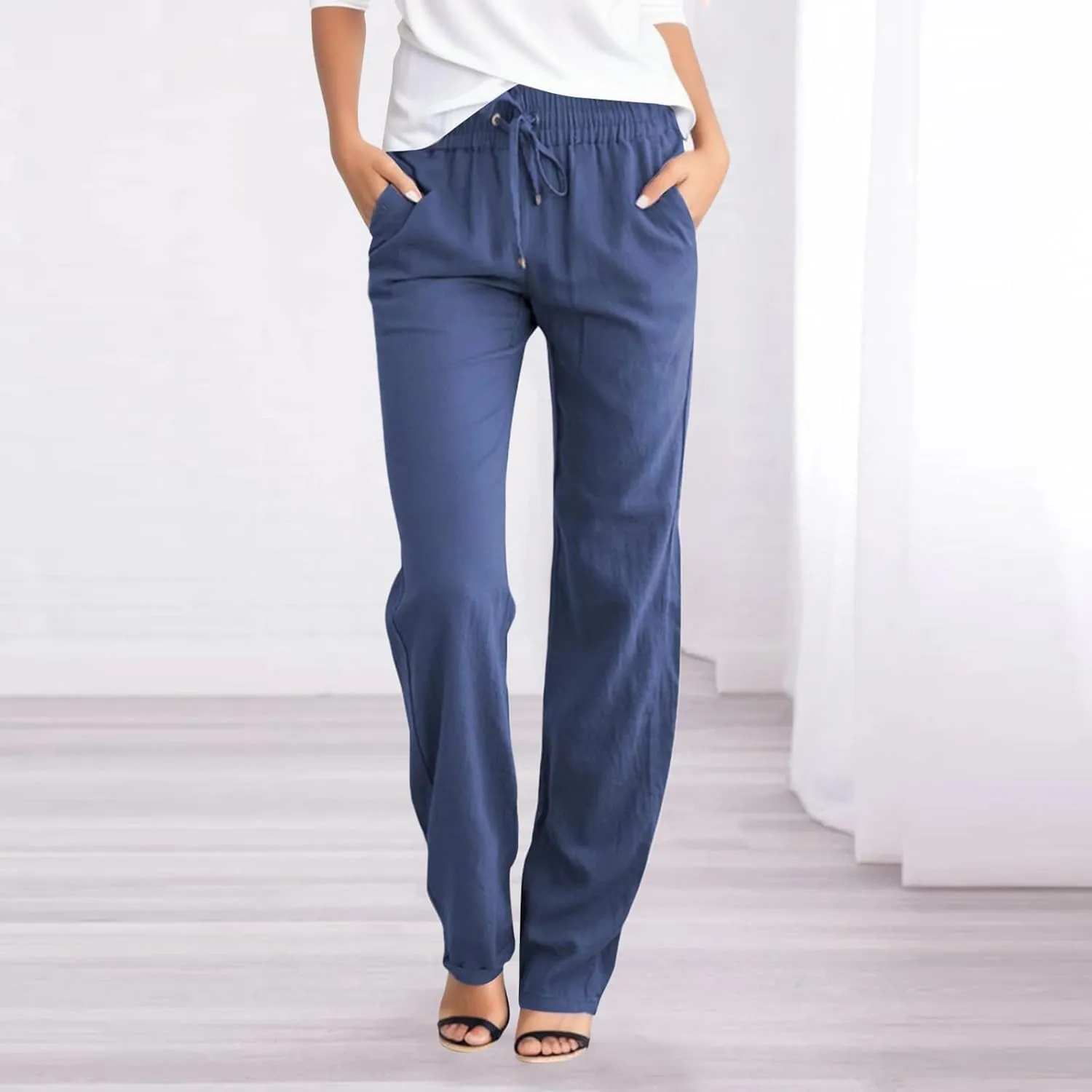 Women Cotton Linen Summer Y2K Fashion Palazzo Lounge Pants High Waist Straight Slim-Fit Trousers Vacation