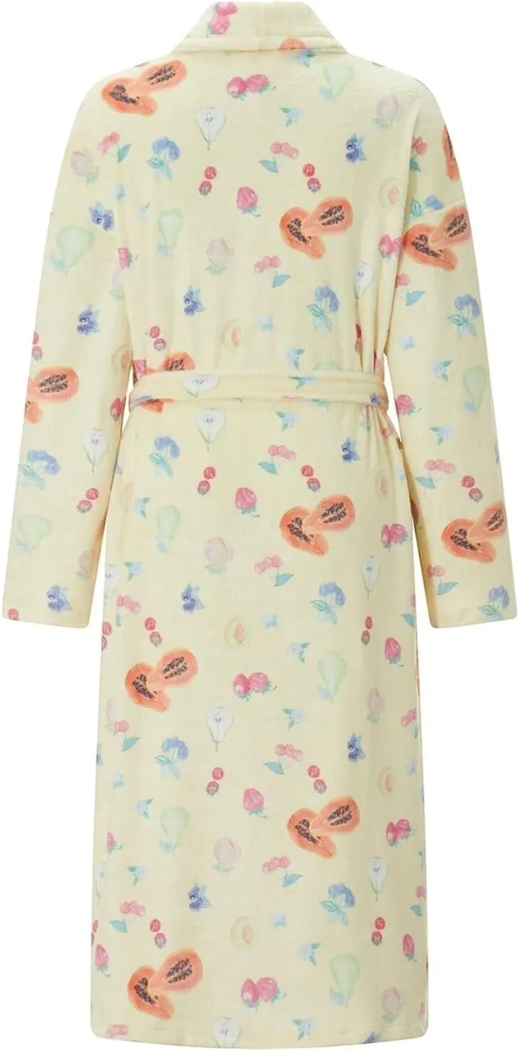Women Cute Cherry Floral Print Long Sleeve Shawl Collar Bathrobe Long Plush Belt Kimono Spa Robe(Small)
