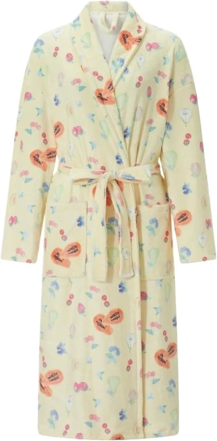 Women Cute Cherry Floral Print Long Sleeve Shawl Collar Bathrobe Long Plush Belt Kimono Spa Robe(Small)