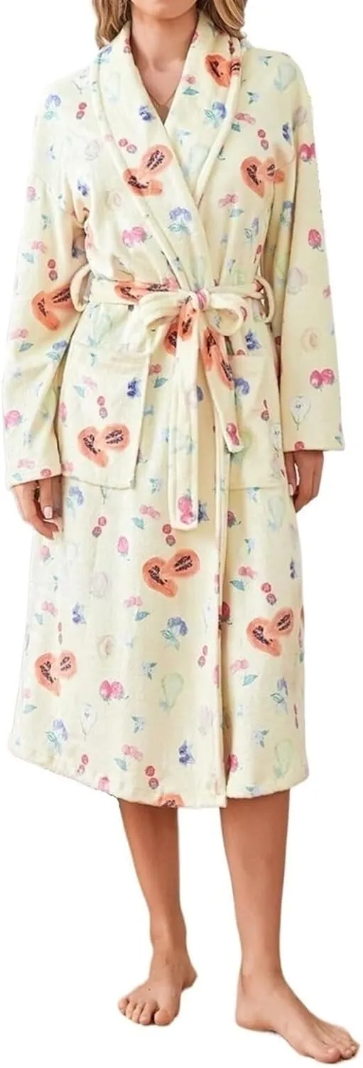 Women Cute Cherry Floral Print Long Sleeve Shawl Collar Bathrobe Long Plush Belt Kimono Spa Robe(Small)