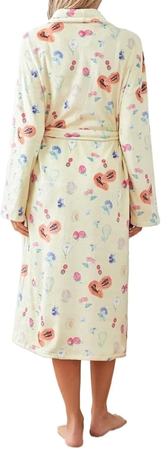 Women Cute Cherry Floral Print Long Sleeve Shawl Collar Bathrobe Long Plush Belt Kimono Spa Robe(Small)