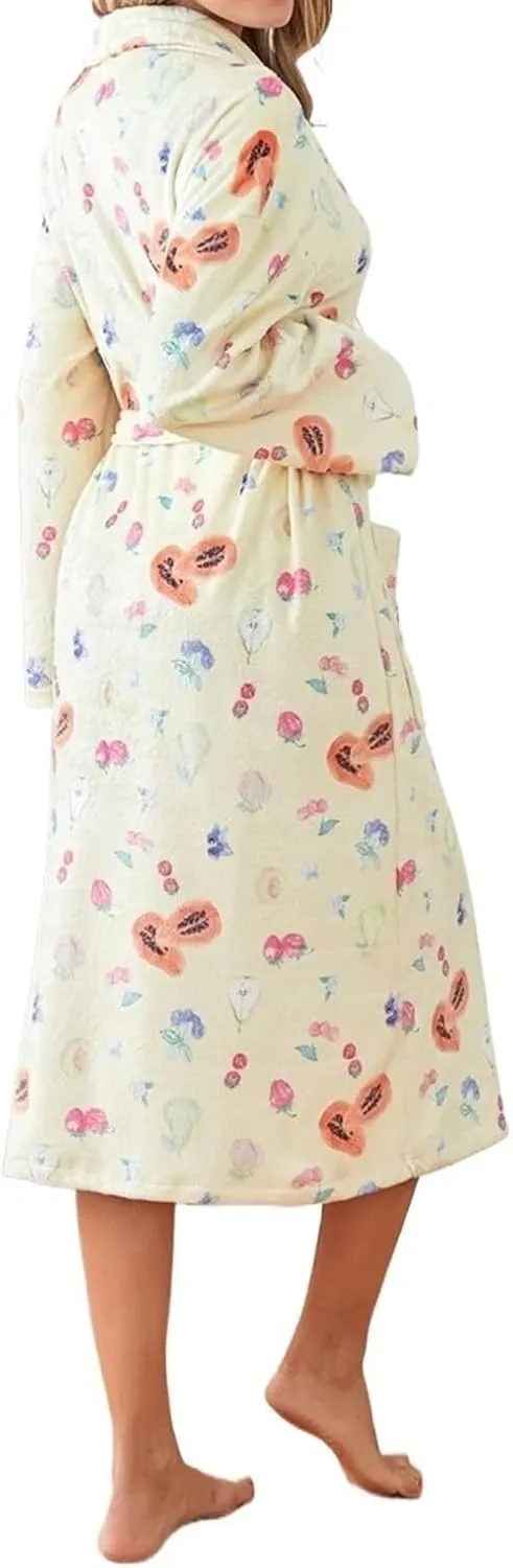 Women Cute Cherry Floral Print Long Sleeve Shawl Collar Bathrobe Long Plush Belt Kimono Spa Robe(Small)