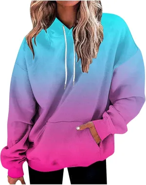 Women Hooded Sweatshirts Gradient Graphic Oversized Pullover Drawstraing Long Sleeve Trendy Sweater Tops with Pocket
