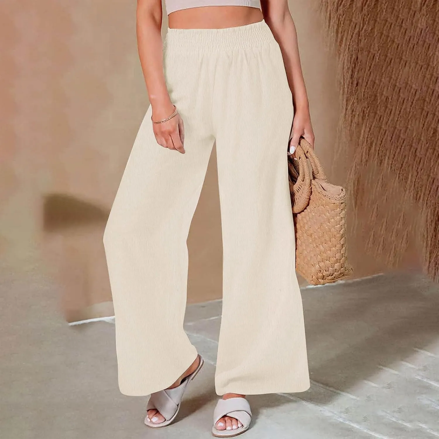 Women Linen Palazzo Pants Summer Boho Wide Leg Casual Pants Elastic Smocked Waist Lounge Pant Trousers with Pockets