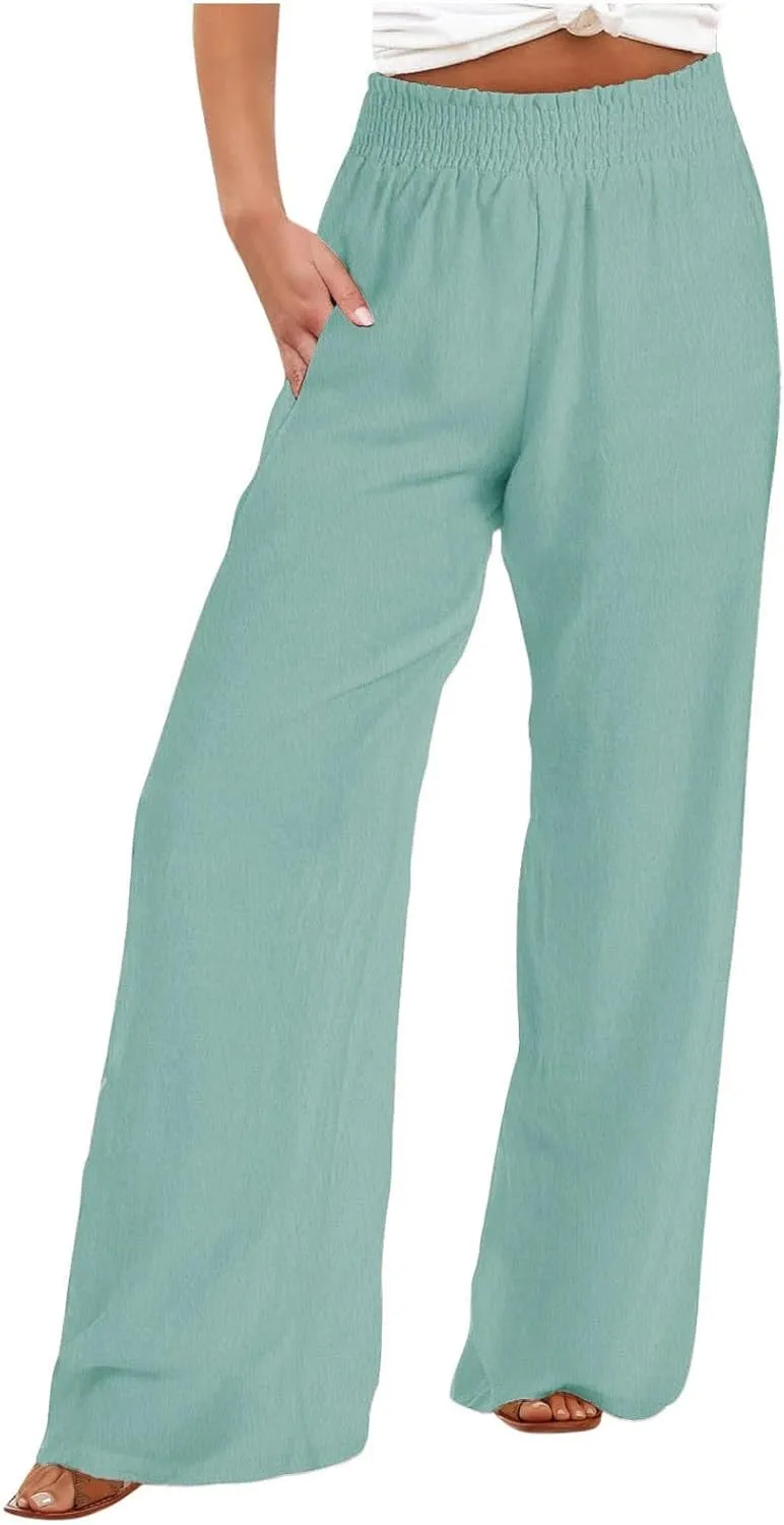 Women Linen Palazzo Pants Summer Boho Wide Leg Casual Pants Elastic Smocked Waist Lounge Pant Trousers with Pockets