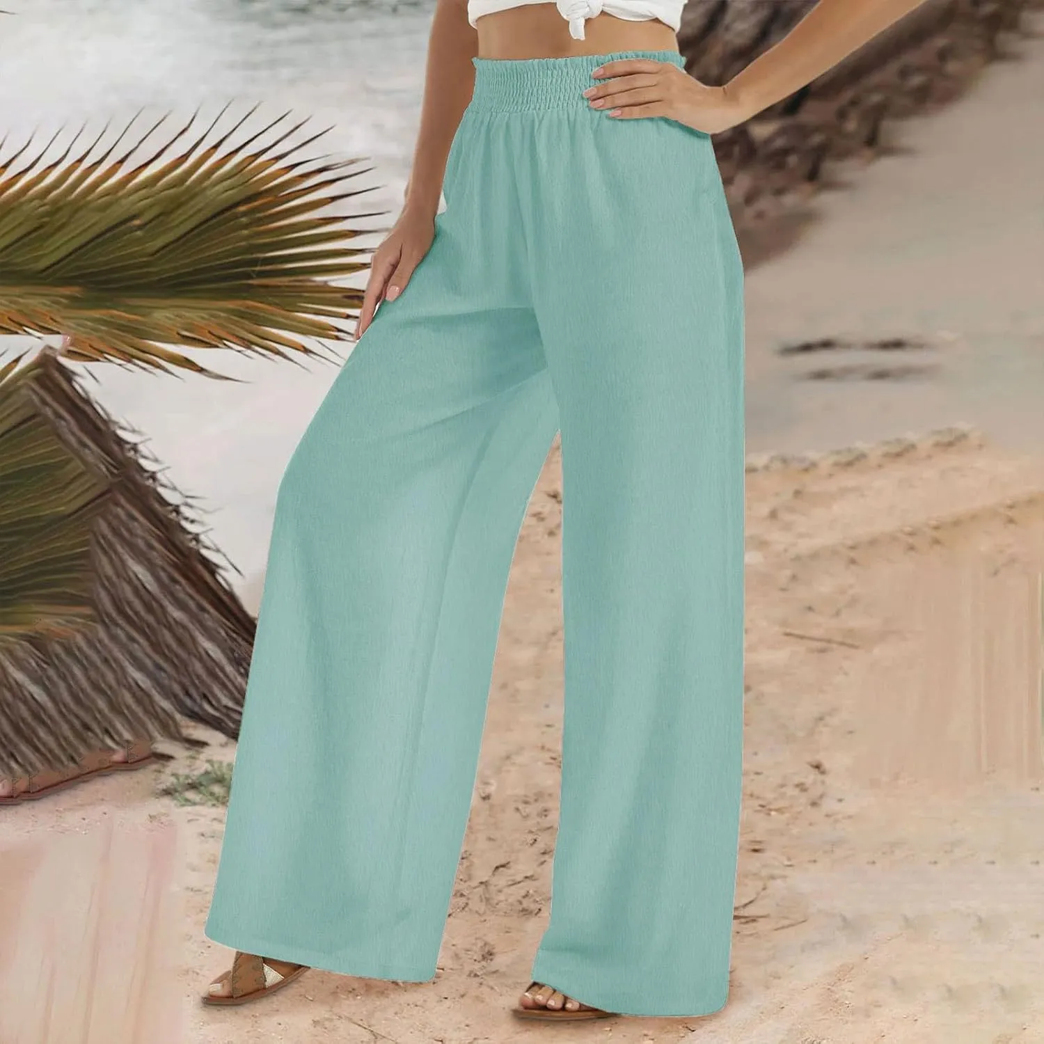 Women Linen Palazzo Pants Summer Boho Wide Leg Casual Pants Elastic Smocked Waist Lounge Pant Trousers with Pockets