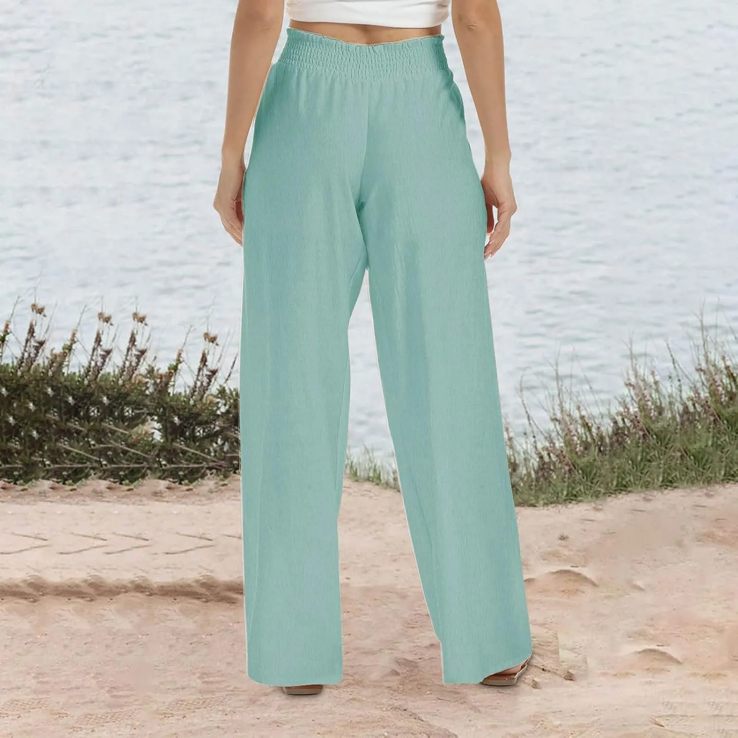 Women Linen Palazzo Pants Summer Boho Wide Leg Casual Pants Elastic Smocked Waist Lounge Pant Trousers with Pockets