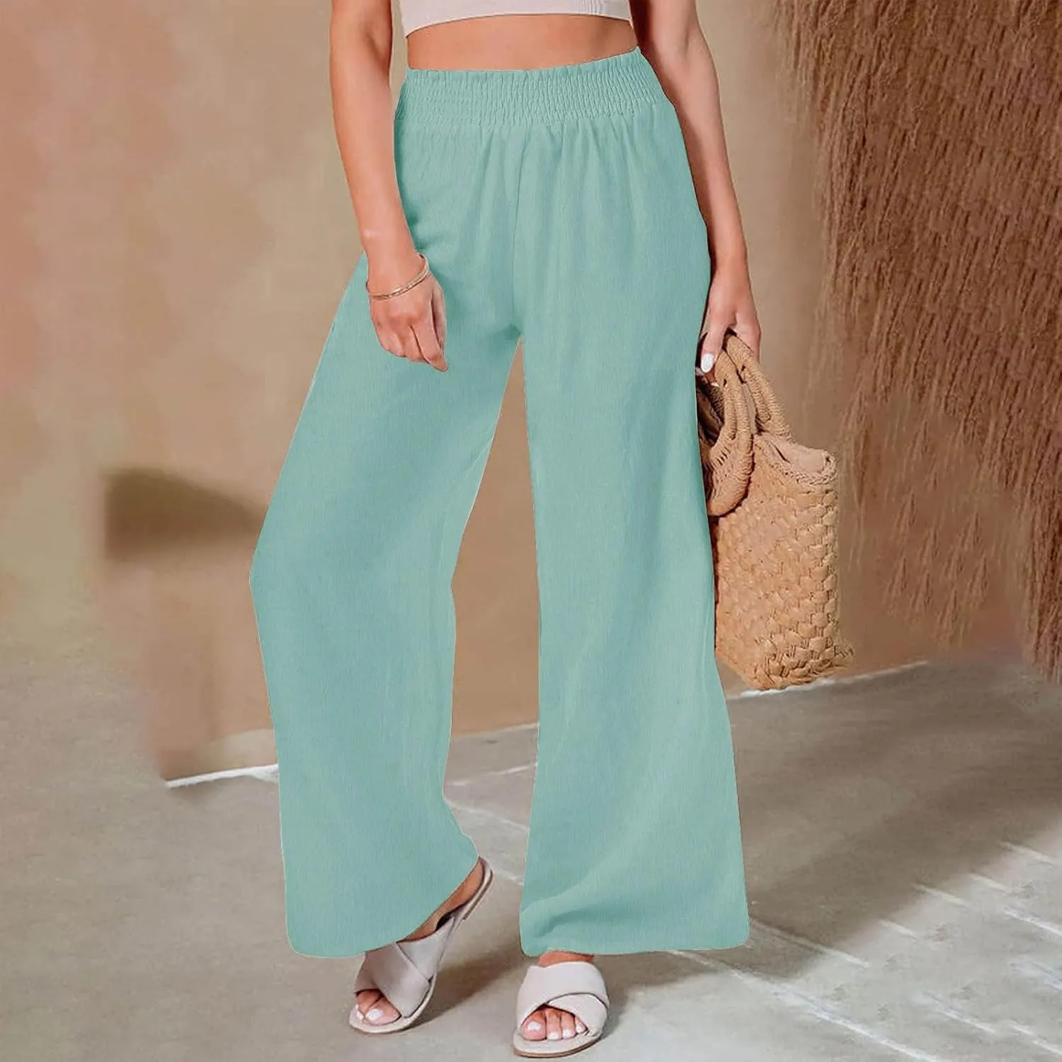 Women Linen Palazzo Pants Summer Boho Wide Leg Casual Pants Elastic Smocked Waist Lounge Pant Trousers with Pockets