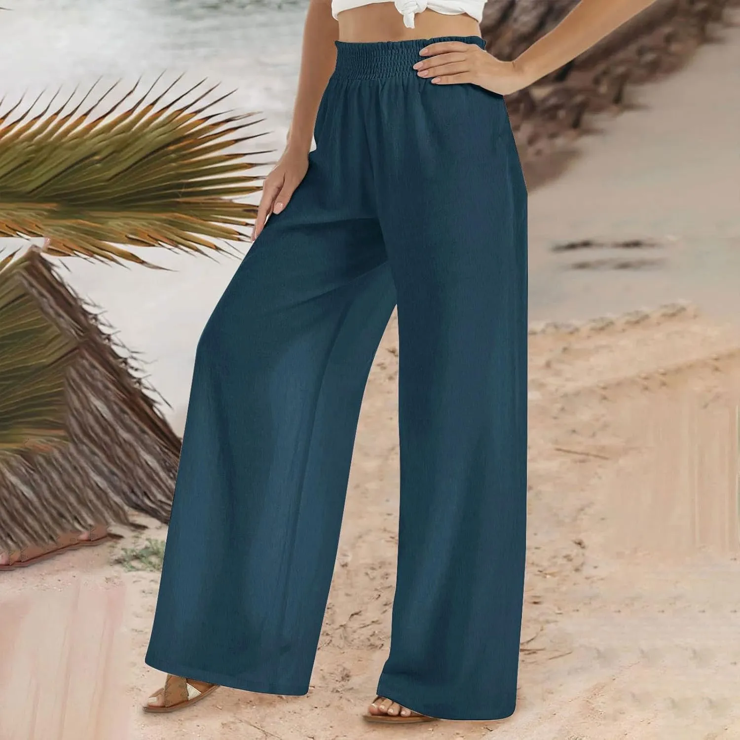 Women Linen Palazzo Pants Summer Boho Wide Leg Casual Pants Elastic Smocked Waist Lounge Pant Trousers with Pockets