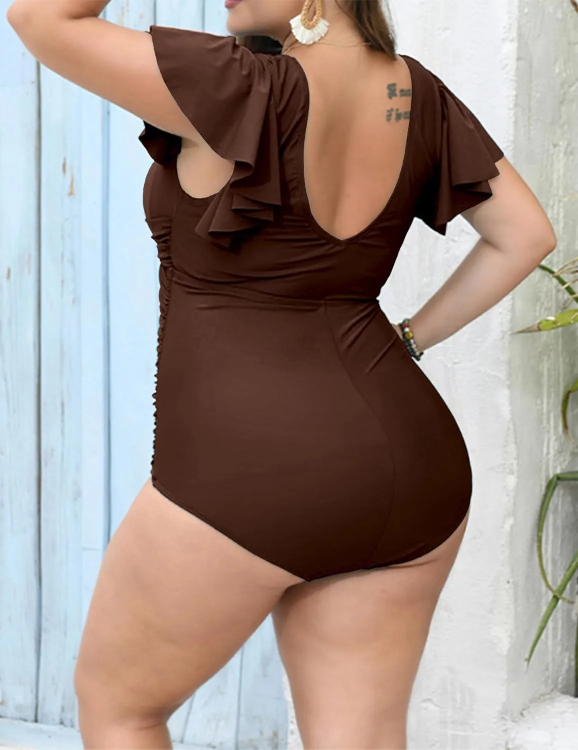 Women Plus Size Swim Romper Swimsuits One Piece Swim Suit Modest Tummy Control Ruffle Sleeves Bathing Suits