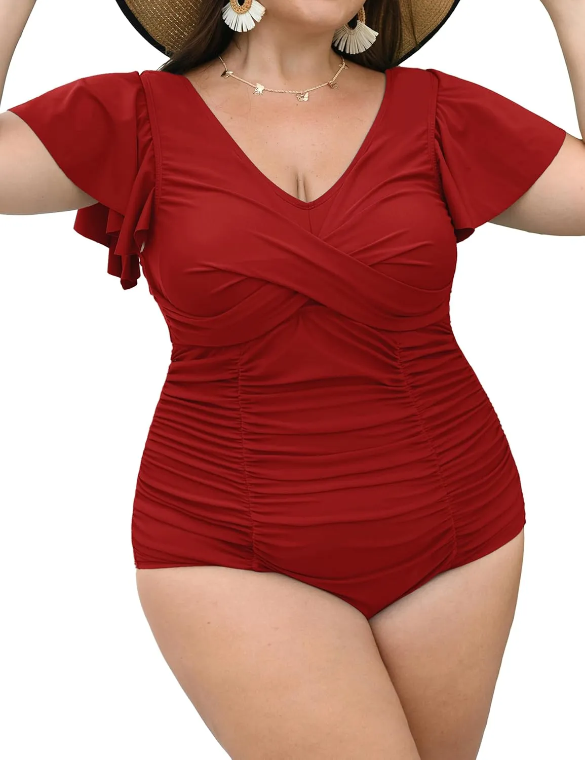 Women Plus Size Swim Romper Swimsuits One Piece Swim Suit Modest Tummy Control Ruffle Sleeves Bathing Suits