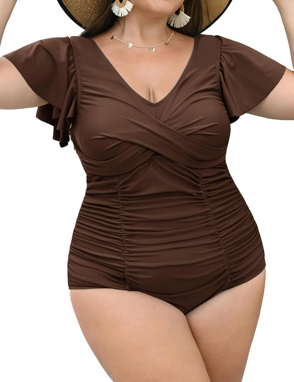 Women Plus Size Swim Romper Swimsuits One Piece Swim Suit Modest Tummy Control Ruffle Sleeves Bathing Suits
