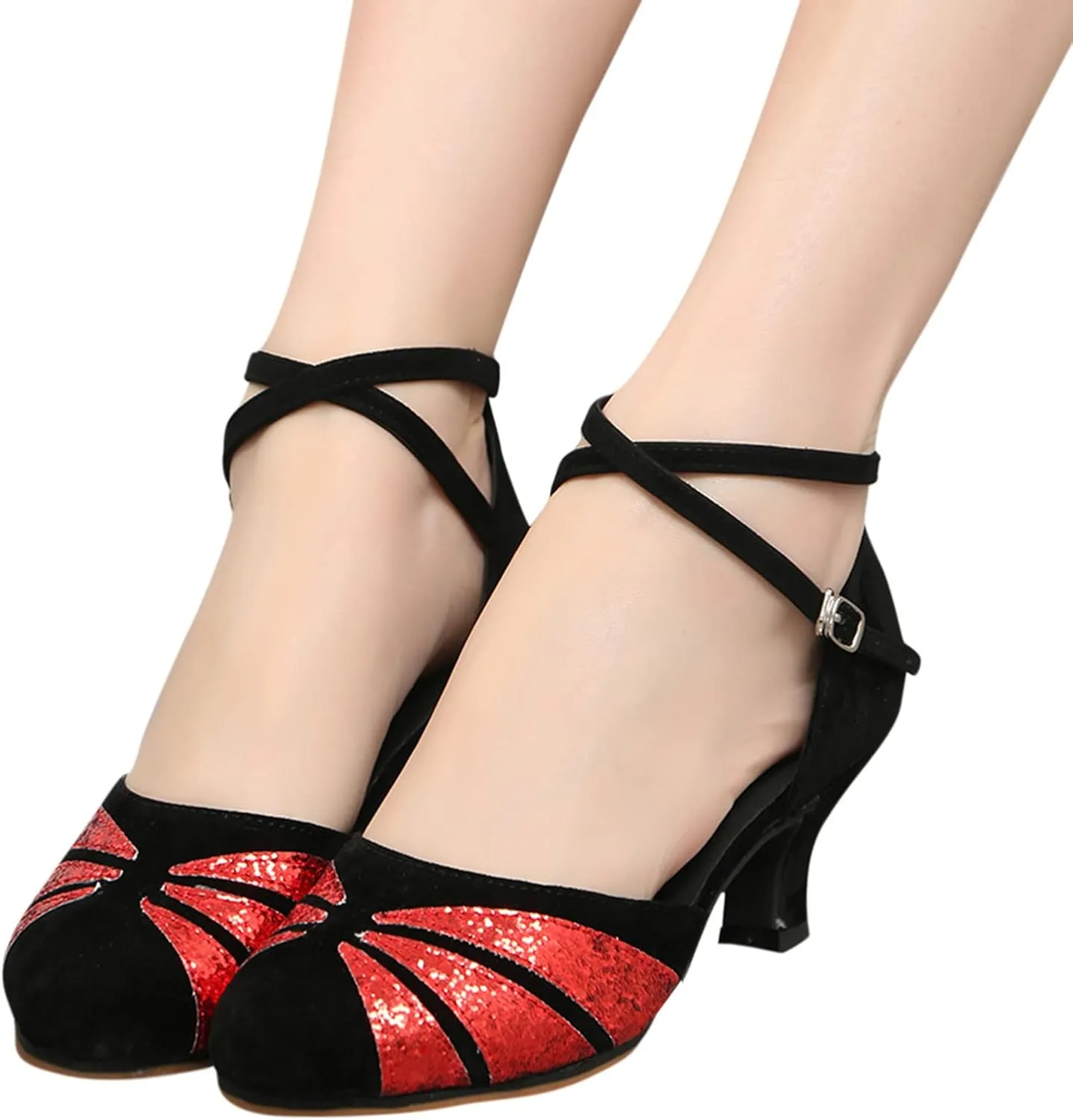 Women Rhinestone Ballroom Dance Shoes Latin Salsa Performance Dance Shoes Black Leather Sandals for Women (Red, 7.5)