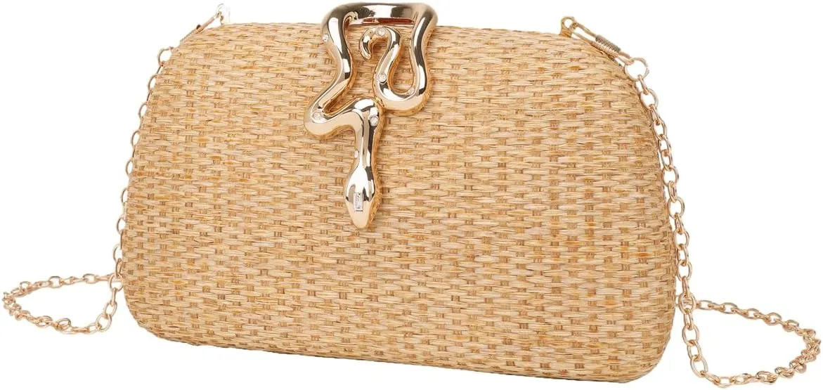 Women Snake Closure Straw Woven Evening Bag Elegant Removable Metal Chain Clutch Purse for Formal Events Casual Life