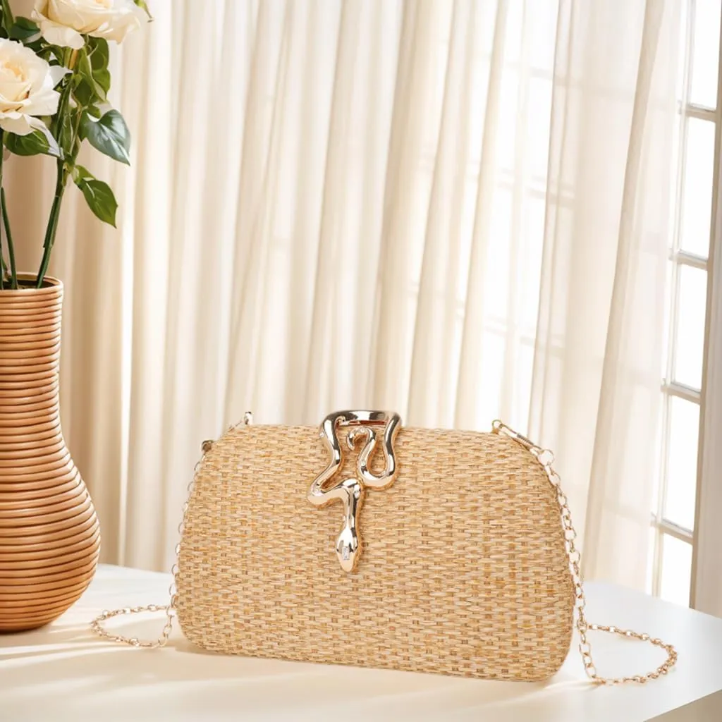 Women Snake Closure Straw Woven Evening Bag Elegant Removable Metal Chain Clutch Purse for Formal Events Casual Life