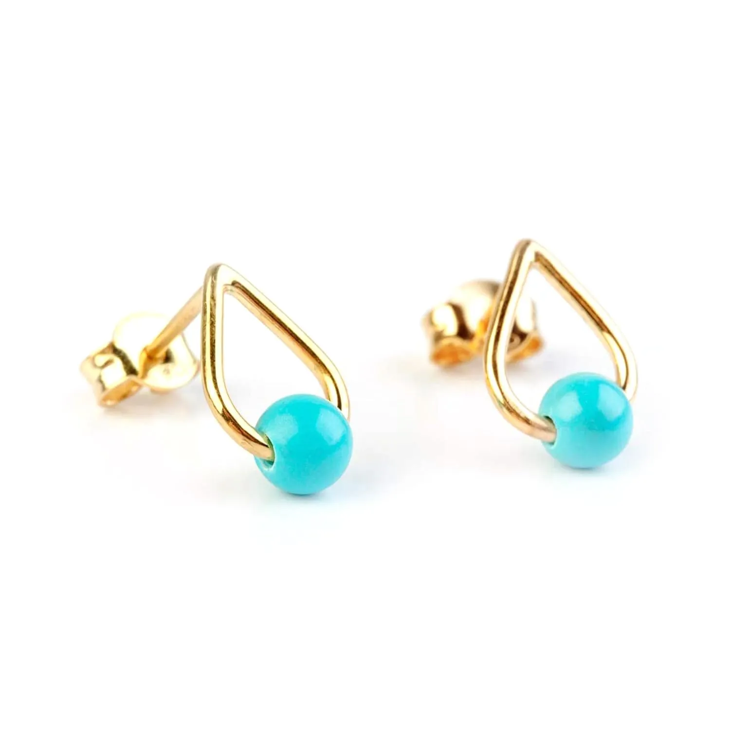 Women Solid Gold Turquoise Earrings in 9K, 14K & 18K, Unique Turquoise Studs Earrings, Geometric Pear Shape Studs with Turquoise Beads, Best Friend Gift