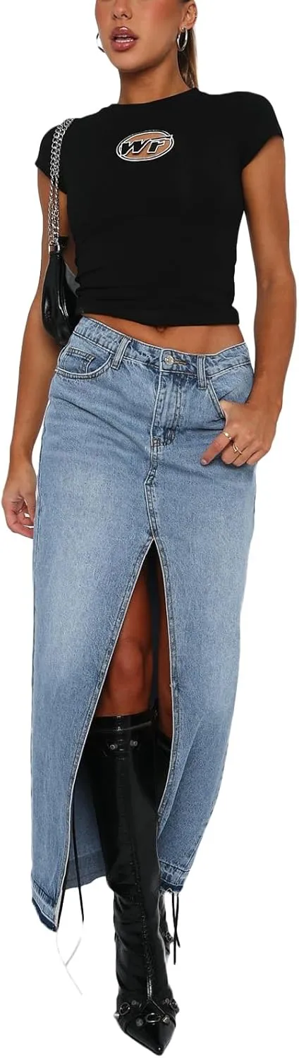 Women Summer Casual High Waisted Denim Skirt Y2k Wrap Split Front Maxi Skirt Long Jean Skirt with Pocket