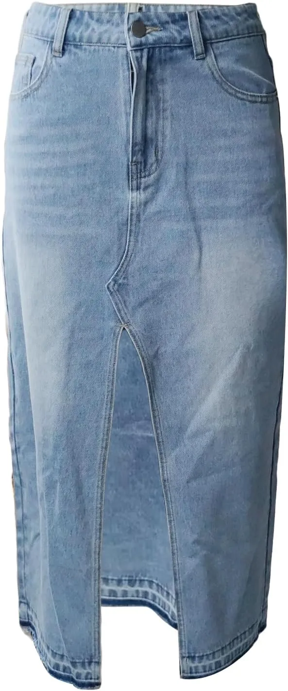 Women Summer Casual High Waisted Denim Skirt Y2k Wrap Split Front Maxi Skirt Long Jean Skirt with Pocket