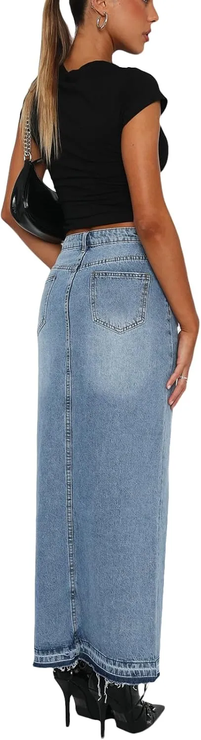 Women Summer Casual High Waisted Denim Skirt Y2k Wrap Split Front Maxi Skirt Long Jean Skirt with Pocket