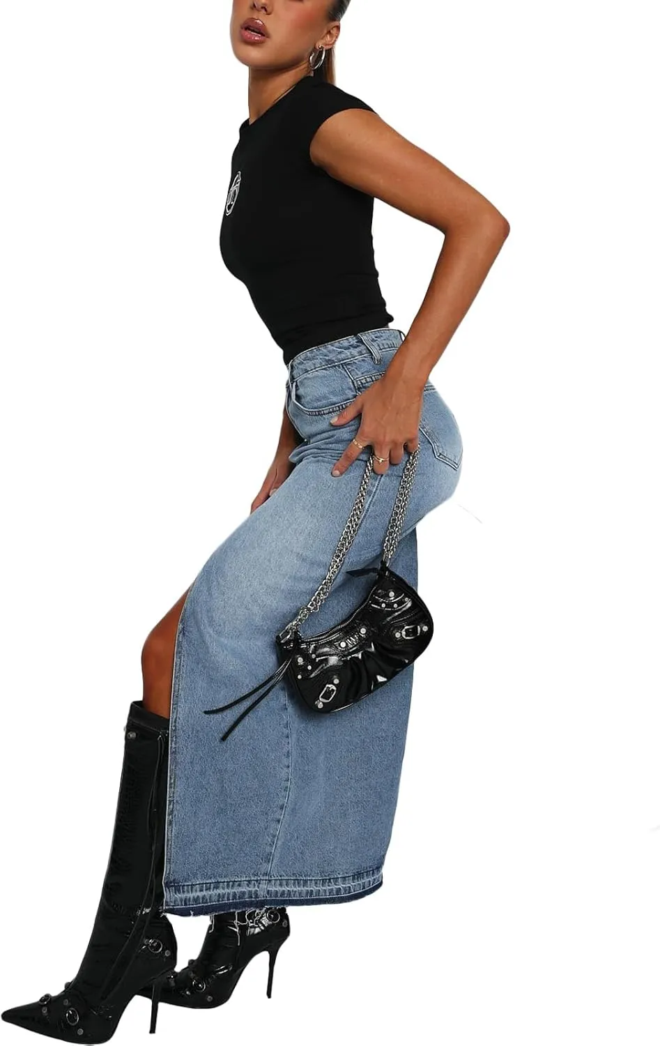 Women Summer Casual High Waisted Denim Skirt Y2k Wrap Split Front Maxi Skirt Long Jean Skirt with Pocket