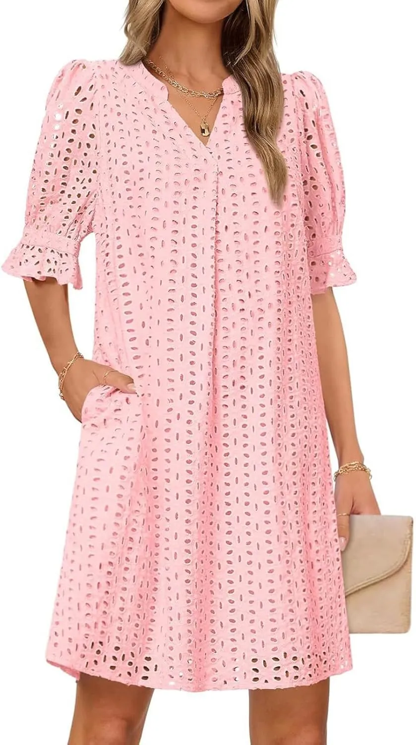 Women Summer Hollow Out Mini Dress Short Sleeve V Neck A-Line Summer Ruffle Hem Floral Eyelet Beach Party Short Sundress