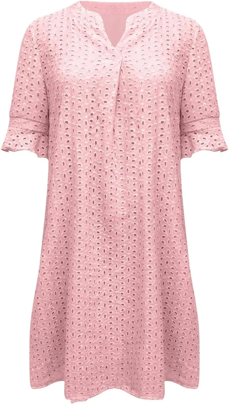 Women Summer Hollow Out Mini Dress Short Sleeve V Neck A-Line Summer Ruffle Hem Floral Eyelet Beach Party Short Sundress