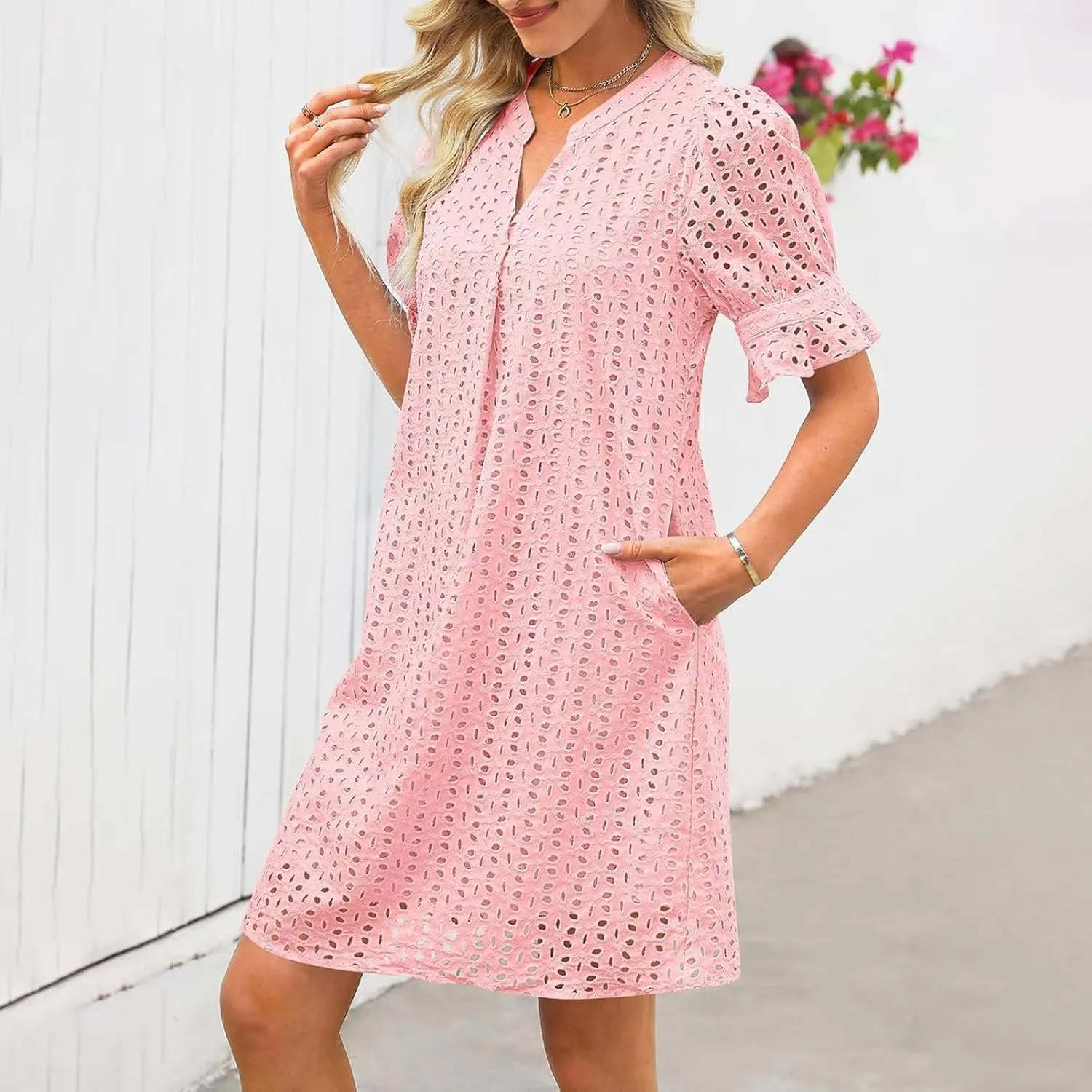 Women Summer Hollow Out Mini Dress Short Sleeve V Neck A-Line Summer Ruffle Hem Floral Eyelet Beach Party Short Sundress