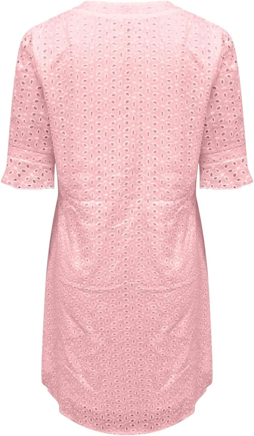 Women Summer Hollow Out Mini Dress Short Sleeve V Neck A-Line Summer Ruffle Hem Floral Eyelet Beach Party Short Sundress