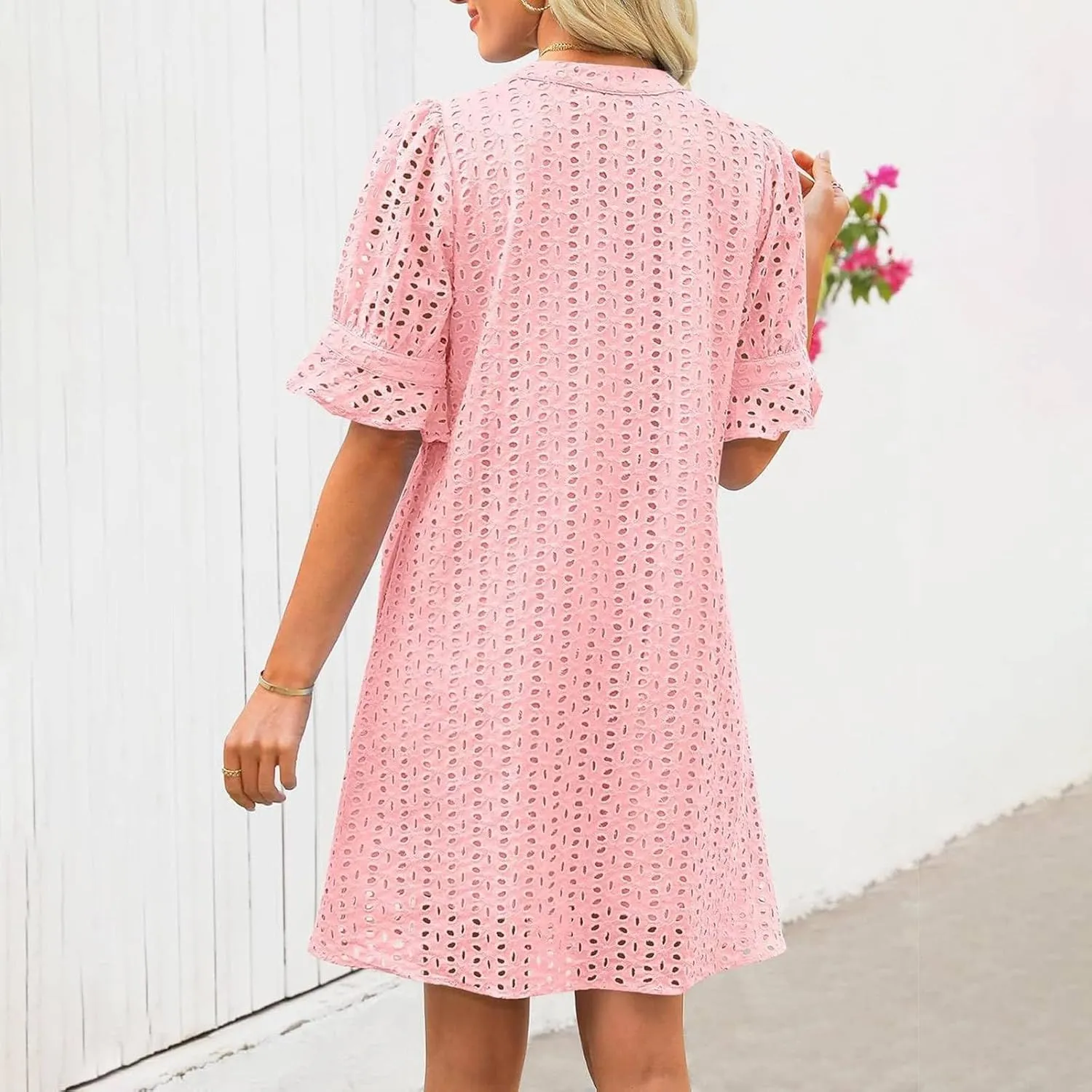 Women Summer Hollow Out Mini Dress Short Sleeve V Neck A-Line Summer Ruffle Hem Floral Eyelet Beach Party Short Sundress