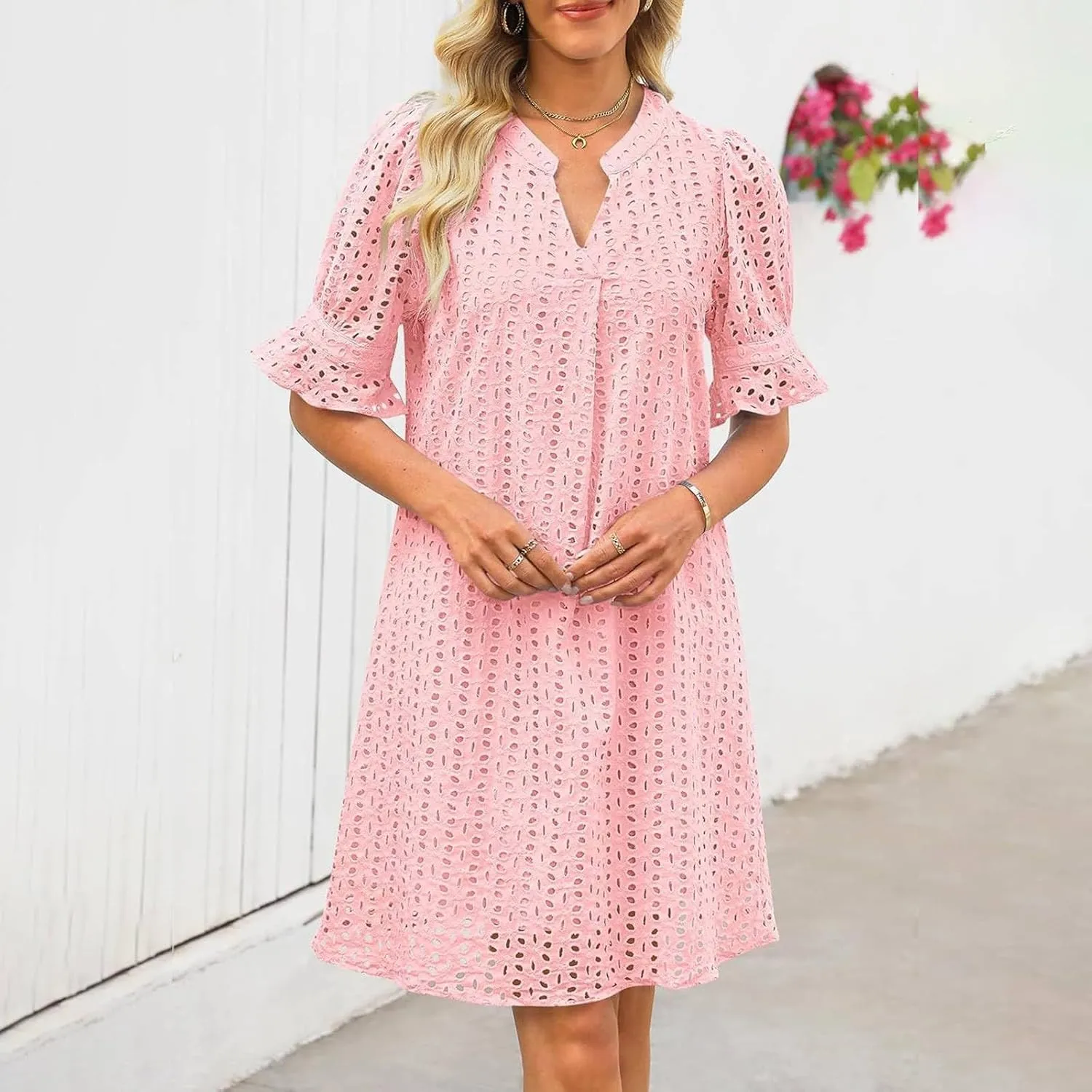 Women Summer Hollow Out Mini Dress Short Sleeve V Neck A-Line Summer Ruffle Hem Floral Eyelet Beach Party Short Sundress