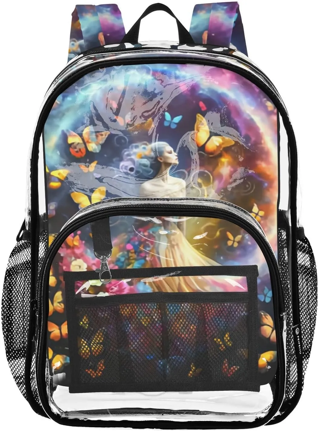 Women Surrounded Colorful Butterflies Clear Plastic Backpack - Transparent PVC Heavy Duty Bag with Large Main Pocket and Mesh Pockets - Ideal for School, Travel, Outings - Clear Backpack for Ev