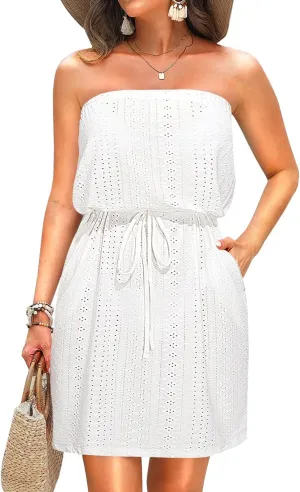 Women Swimsuit Beach Cover Ups - Strapless Tube Top Sundress Summer Dress with Pockets