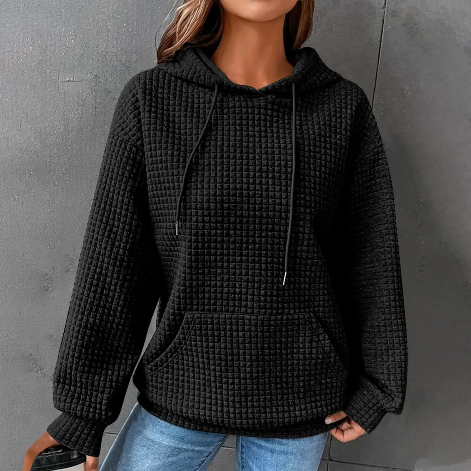 Women Waffle Casual Hoodie Long Sleeves Fashion Drawstring Pullover Sweatshirts Loose Fit Tunic Winter Tops Comy Shirt