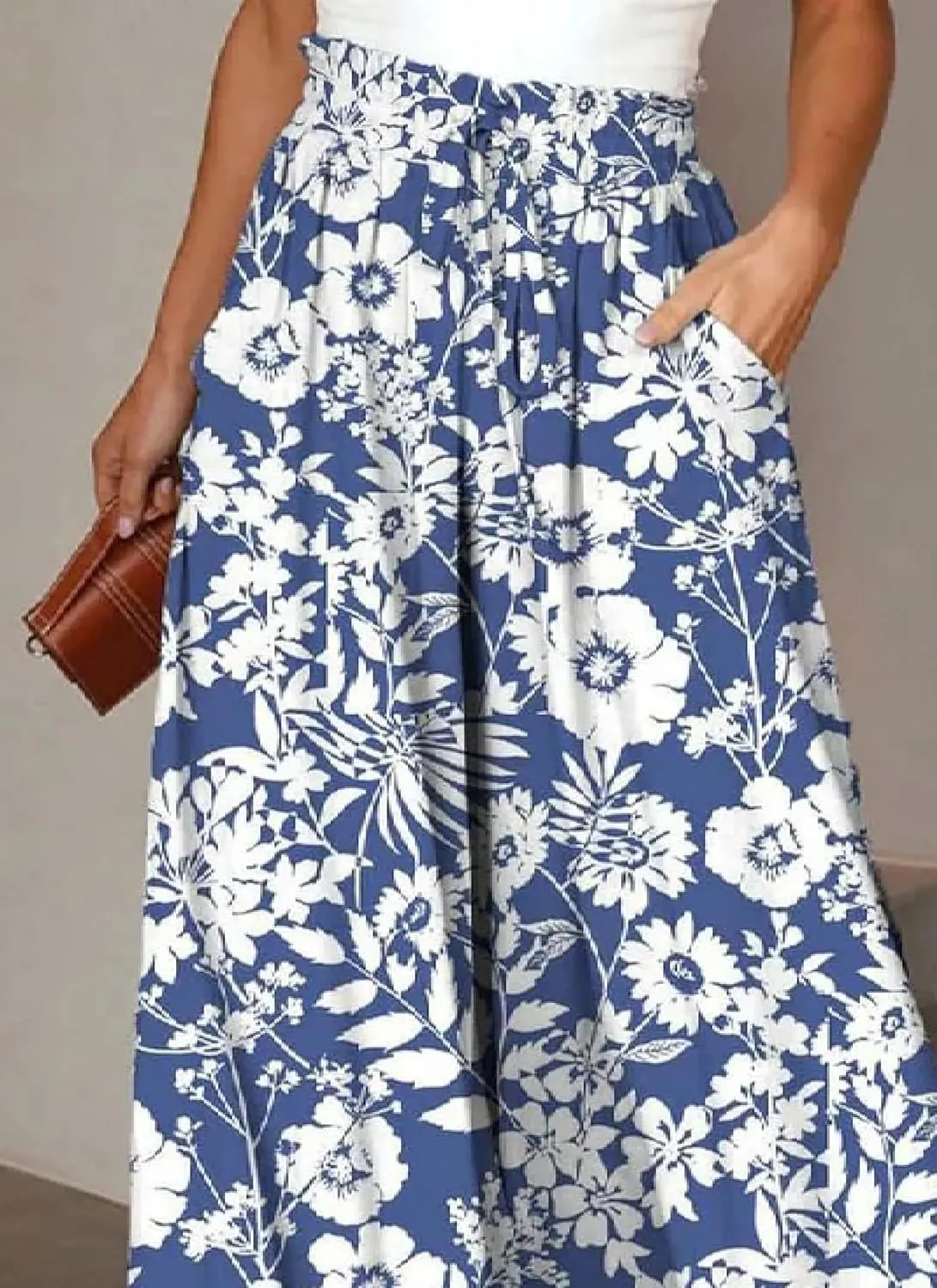 Women Wide Leg Pants High Waist Loose Floral Flowy Adjustable Tie Knot Trousers Beach Casual Pants with Pockets