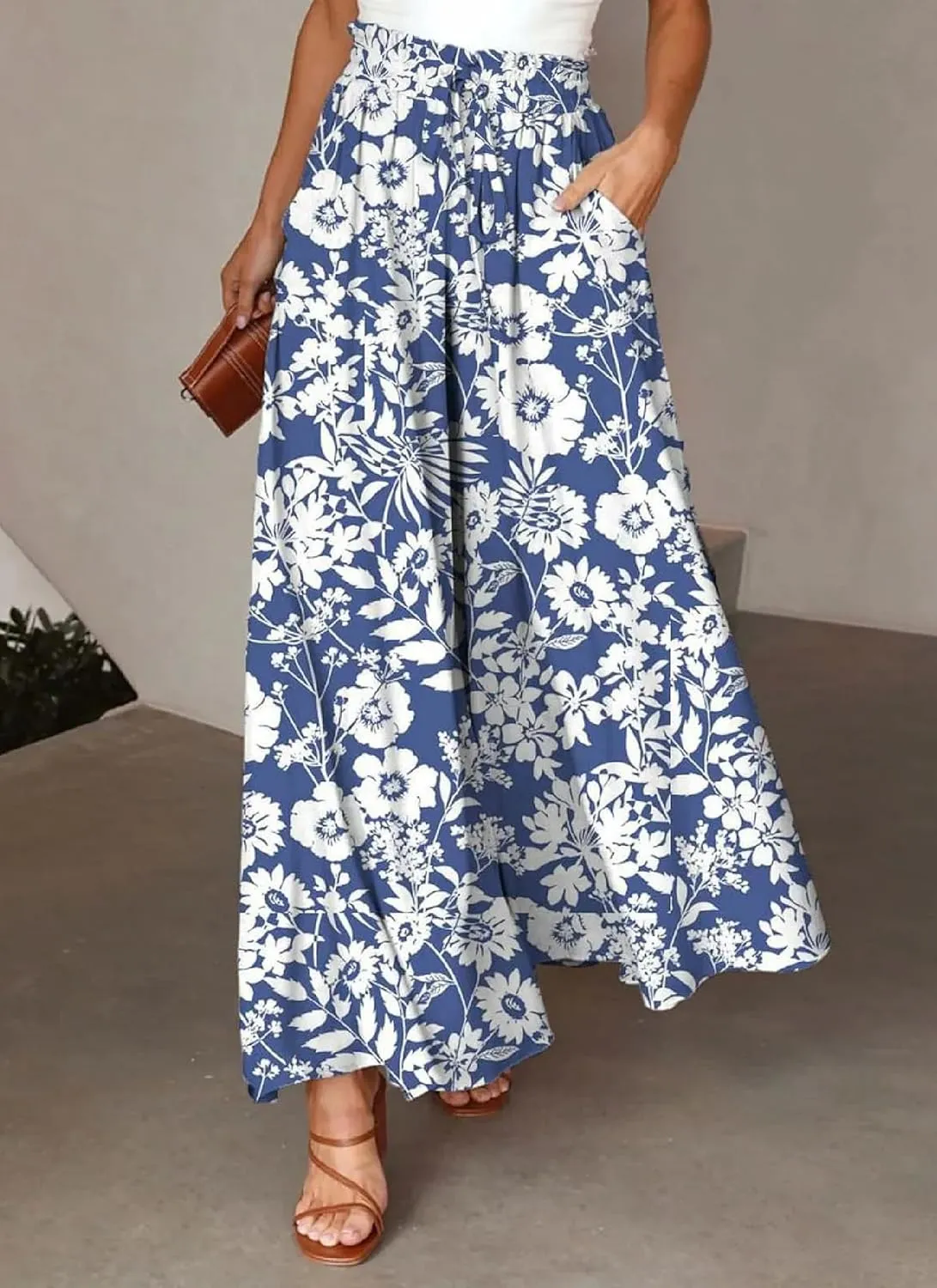 Women Wide Leg Pants High Waist Loose Floral Flowy Adjustable Tie Knot Trousers Beach Casual Pants with Pockets