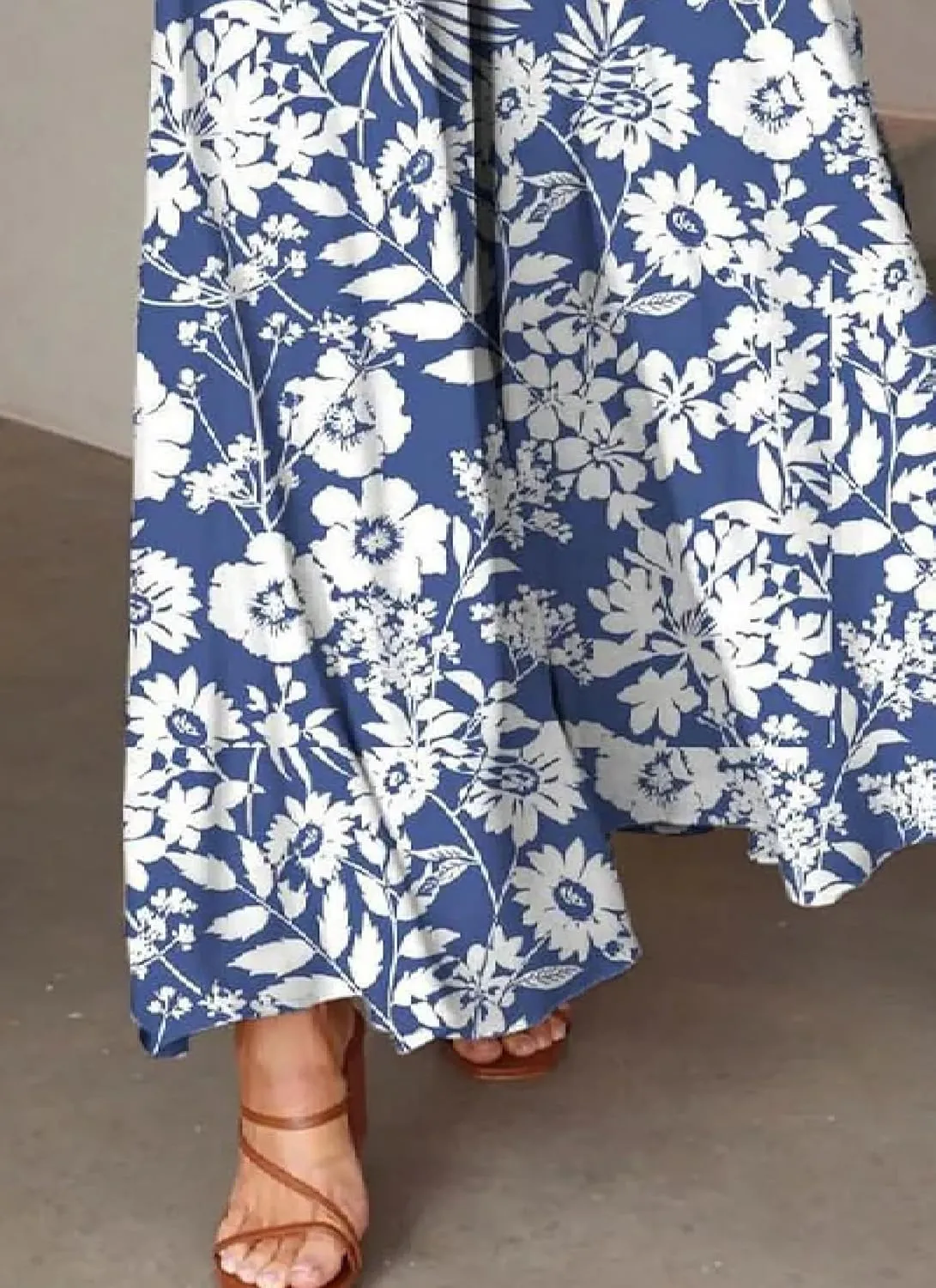 Women Wide Leg Pants High Waist Loose Floral Flowy Adjustable Tie Knot Trousers Beach Casual Pants with Pockets